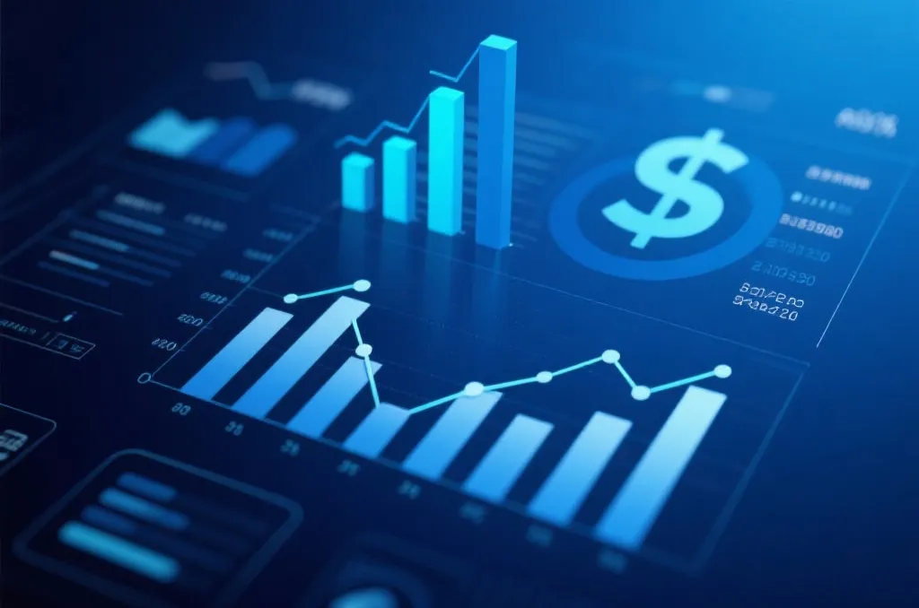 An abstract digital graphic representing financial statistics with clean bar charts and line graphs on a dark blue background