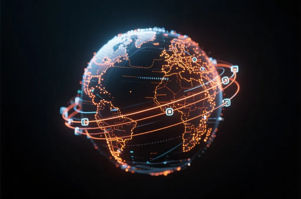 An abstract digital glowing globe showing data transmission lines and network nodes representing low latency and high speed technology, dark tech style