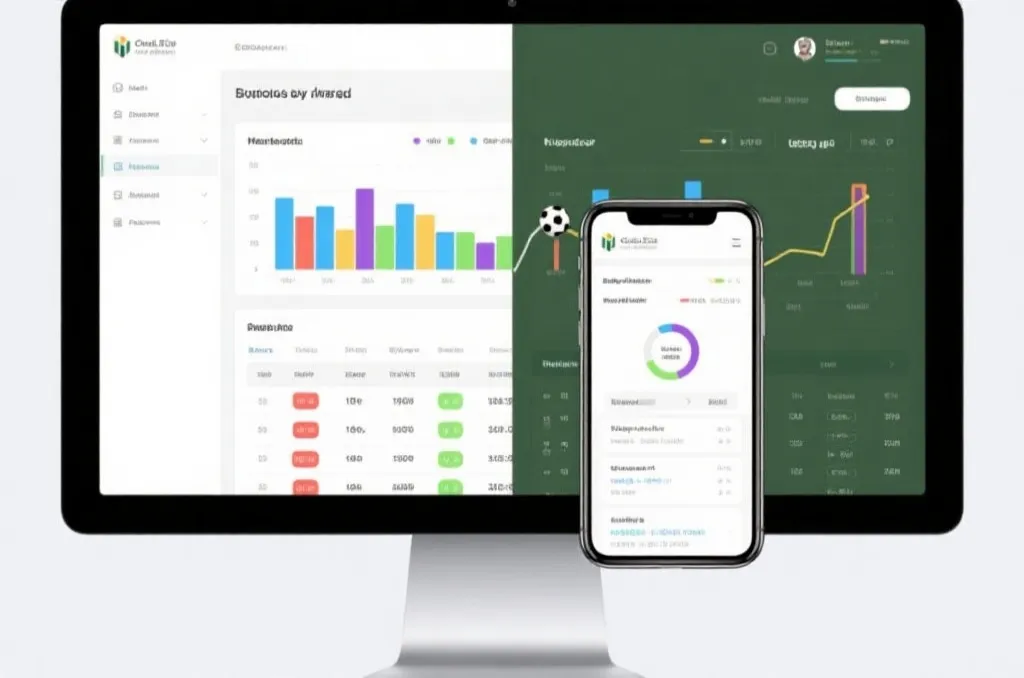 A desktop browser and a smartphone displaying a clean sports analytics dashboard